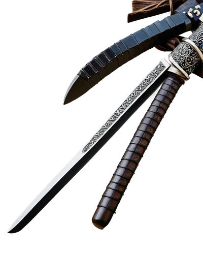 Traditional Japanese samurai, free-standing, dual katanas, worn leather scabbards, intricate metal designs, sharp blades, polished wood handles, silver accents, detailed hilts, morning dew, soft sunli