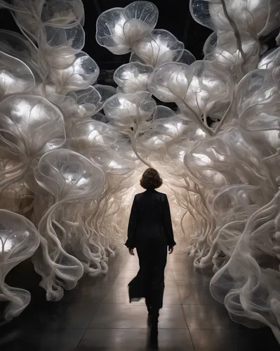 minimalist, closeup interior floating bio organic installation, Neri Oxman, strange anomalies, abstract, spatial clouds biomimicry, cotton texture, fabric, living architecture, hallucinations, floatin