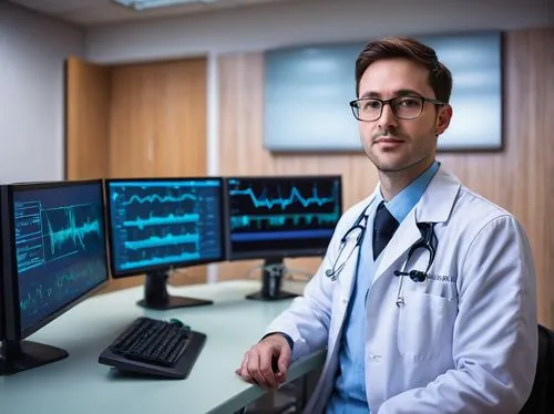 Modern hospital interior, database administrator, male, 30s, glasses, short brown hair, white coat, stethoscope around neck, sitting, computer desk, multiple monitors, ergonomic chair, healthcare data