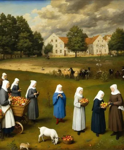 (view from above as in the paintings of Pieter Bruegel, small figures of Catholic nuns in Breton caps and kerchiefs, light brown robes and dark brown dresses pick apples from the trees, nearby are sma