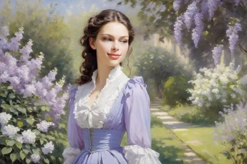 girl in the garden,lilacs,lilac blossom,lilac tree,jane austen,the lavender flower,common lilac,wisteria,white lilac,victorian lady,girl in flowers,lilac arbor,lilac flowers,oil painting on canvas,la violetta,art painting,splendor of flowers,oil painting,romantic portrait,southern belle,Digital Art,Classicism