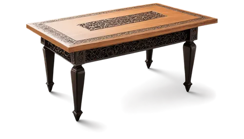 Modern wooden table, rectangular shape, smooth surface, metal legs, rounded edges, ornate carvings, luxurious, high-end, close-up, 45-degree angle, warm lighting, shallow depth of field, soft focus.,w