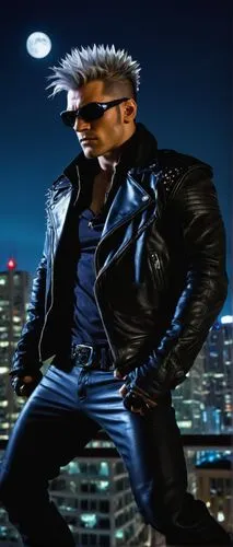 X-Men, Evolution, Spyke, muscular man, black leather jacket, silver sunglasses, spiky hair, intense facial expression, city rooftop, nighttime, full moon, skyscraper background, dramatic lighting, 3/4