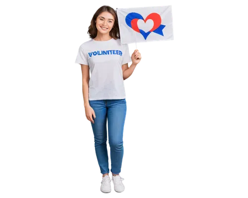 volunteer, young adult, casual wear, smiling face, bright eyes, messy brown hair, gentle makeup, plain white T-shirt, blue denim jeans, sneakers, holding a charity flag, standing with hands behind bac