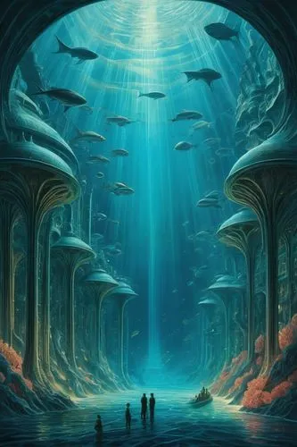 Underwater, futuristic architecture, oceanic city, grandiose dome-shaped buildings, iridescent materials, glowing soft blue light, intricate pipelines, coral-inspired columns, seaweed-covered walls, s