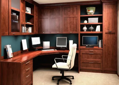 Attirant Home Office Cabinetry Design. Office:fascinating Modern Home Office Design  With U Shape Wooden,secretary desk,consulting room,search interior solutions,assay office,blur office background,fu