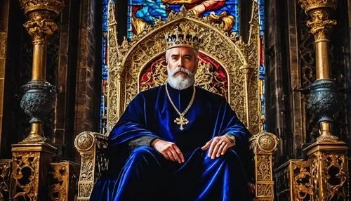 Majestic king, medieval architecture, ornate metal details, intricate ironwork, golden coupon in hand, luxurious beard, crown jewels, regal attire, velvet cape, ornate throne, grand hall, high ceiling