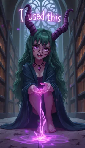 Purple flames drip down onto the floor and run like a stream of water. Purple lettering above glows and fades.,a woman with horns and green hair sits on the floor,librarian,fel,toko,librarians,kindled