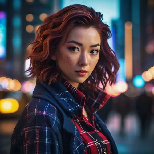 An image of a woman standing straight on, head turned slightly to her left, looking directly into the camera with a confident yet curious expression. She has dark brown, wavy hair and fair skin with n