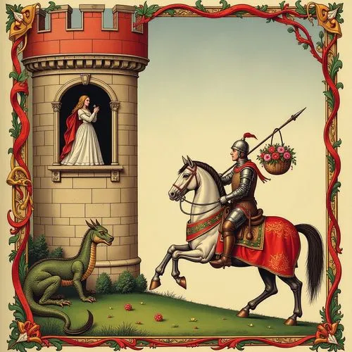 Style of the image from the "Magnificent Book of Hours of the Duke of Berry" by the Limbourg brothers, Illuminated manuscript. In the lower right corner, a medieval mounted knight in armor, a helmet w