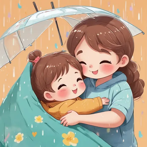 in the rain,rainy day,rain shower,rainy,rainy season,rain,the sun and the rain,little girl with umbrella,walking in the rain,cherry blossom in the rain,little girl and mother,little boy and girl,raindops,raining,umbrella,hug,asian umbrella,rainy weather,protection from rain,summer umbrella,Illustration,Japanese style,Japanese Style 01