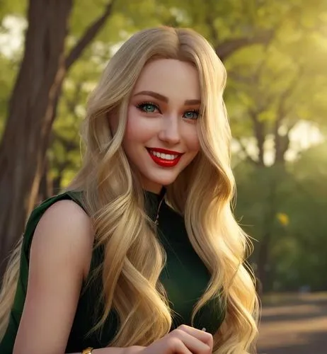 a young caucasian girl 25 years old flowing long blonde hair, green eyes, red lips, smiling wearing a glamourous black dress stand up at sunset in central park in New York as background in 4k,eurasian