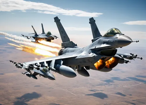 F-16 Fighting Falcon, Mig-29 Fulcrum, aerial dogfight, jet fighters, military aircraft, high-speed maneuver, afterburners, missile launch, machine gun fire, contrails, clear sky, dynamic clouds, reali