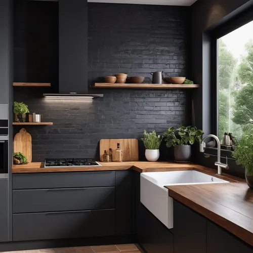 Create a small L-shaped kitchen with a window on the left side. Place the sink on window side, range oven, and range hood wall type on the opposite side with wall cabinets. Opt for a dark color scheme