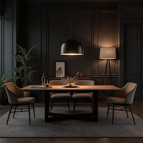 modern dark minimal colours schemes dining room interior with small led lighting 
,an empty dining table with two chairs and an animal sculpture on it,minotti,dining table,scavolini,black table,dining