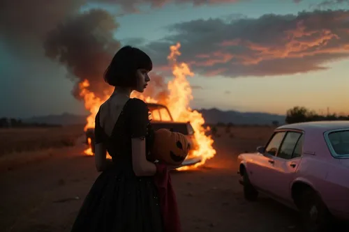 a woman standing next to a car on fire holing a pumpkin,fire background ,jack-o-lantern,cornfield