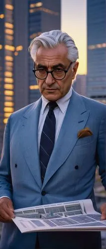 Aldo Rossi, Italian architect, mature man, glasses, white hair, suit, tie, holding blueprints, standing in front of a skyscraper, cityscape, urban planning, metropolitan area, modern architecture, bru