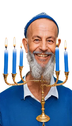 Menorah, Jewish holiday, festive atmosphere, golden candelabrum, nine lit candles, shiny surface, ornate details, blue and white colors, happy smiling face, elderly man, beard, kippah, traditional clo