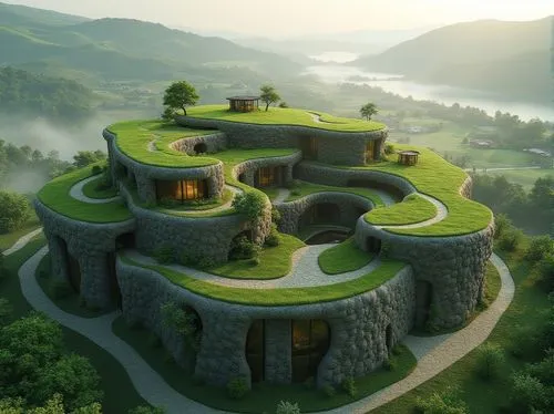 Harmonious building integration, lush green roofs, verdant walls, natural stone facades, curved lines, organic forms, blending boundaries, seamless transitions, rural landscape, rolling hills, meander