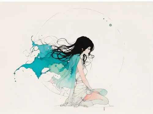 **Architecture,the girl sits on a pillow with long black hair,watery heart,tatsuro,apnea,cd cover,hatsune,dissolving,crystallize,mikasuki,sylph,sidonia,prefuse,hoshihananomia,naiad,dissolve,water nymp