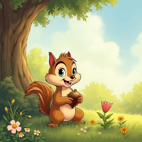 squirell,cartoon animal,cute cartoon image,wood daisy background,cute cartoon character,cute fox