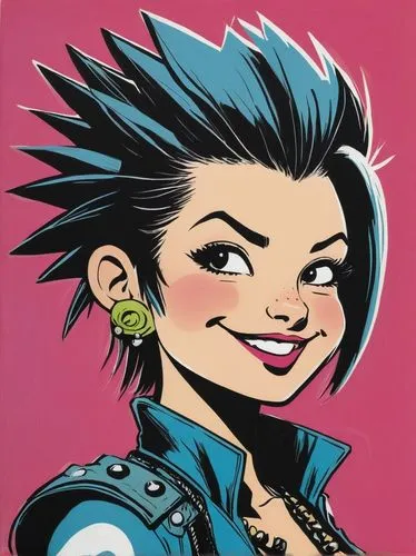 Draw upper body of a cute punk character with a bright smile.
Mockingbird,pompadour,eikichi,bachalo,rockabella,rachtman,souda,palmiotti,punk,zamka,punky,jinx,punk design,kuwata,junji,domino,pompadours