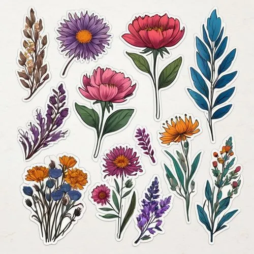 illustration of the flowers,perennial cornflowers,flower illustration,flowers png,cornflowers,watercolor flowers,flower illustrative,watercolour flowers,floral doodles,asters,centaurea,ornamental flowers,perennial asters,garden flowers,cyanus cornflower,sea carnations,wildflowers,zinnias,botanical line art,cape marguerites,Unique,Design,Sticker