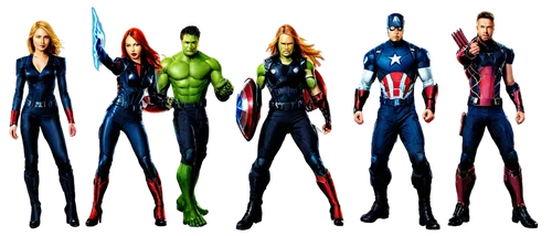 Cartoon Avengers team, colorful costumes, dynamic poses, Iron Man suit with glowing arc reactor, Captain America shield, Thor's hammer Mjolnir, Black Widow's Widow's Bite bracelets, Hulk's massive mus