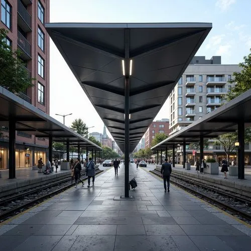 Modern metro station, minimalist facade, clean lines, simple geometry, monochromatic color scheme, sleek glass surfaces, steel frames, subtle LED lighting, urban cityscape, bustling streets, morning c