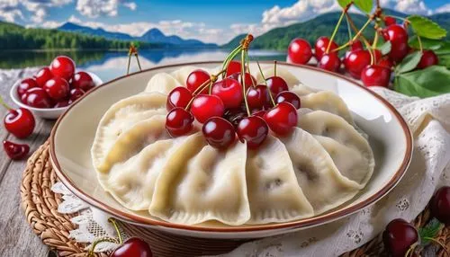 Sweet vareniki boat shaped dumpling with cherries or with cottage cheese with beautiful russian background.,kükchen,siberian ginseng,pelmeni,eastern european food,cranberry sauce,karelian hot pot,bowl