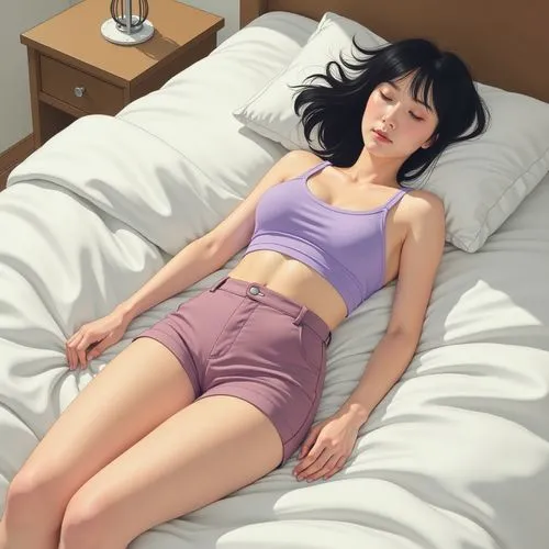 A person lying on a bed with white sheets, wearing a light purple tank top and mauve high-waisted shorts.,a young asian woman laying on top of a bed,woman on bed,girl in bed,siesta,inflatable mattress