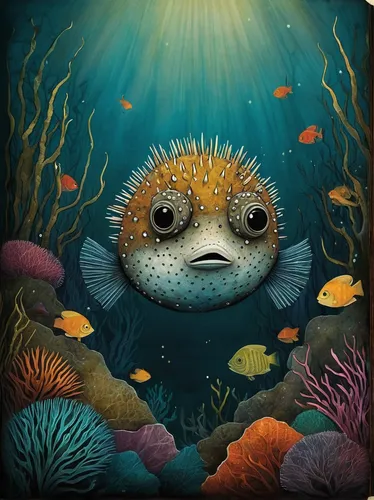 puffer fish,sea animal,hedgehog,underwater fish,fugu,forest fish,coral guardian,nemo,coral fish,aquarium,cuthulu,aquarium inhabitants,green pufferfish,god of the sea,fish in water,underwater background,axolotl,napoleon fish,puffer,sea-life,Illustration,Abstract Fantasy,Abstract Fantasy 19