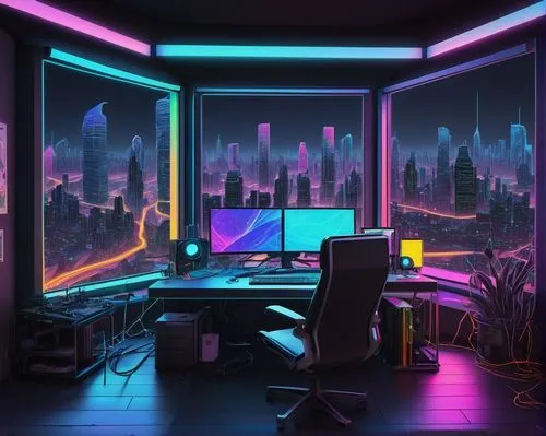 cyberpunk,computer room,desk,working space,computer desk,study room,neon lights,neon,neon light,modern office,blur office background,aesthetic,computer workstation,workspace,neon coffee,cyber,80's design,desk top,work space,desktop,Art,Artistic Painting,Artistic Painting 08