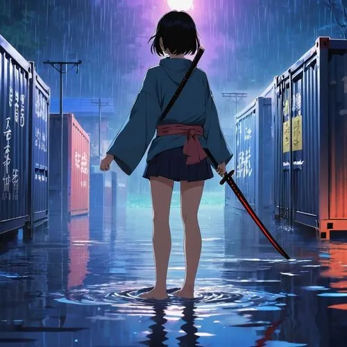 monogatari,ayano,walking in the rain,suzumiya,shumeiko,chihiro,sukeban,blue rain,girl walking away,kumiko,higurashi,akane,kusanagi,kurosawa,takemi,in the rain,tsukihime,shitamachi,sayaka,peni,Illustration,Japanese style,Japanese Style 03