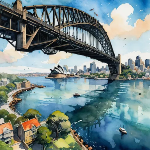 sydney skyline,sydney outlook,sydney harbor bridge,view over sydney,harbour bridge,sydney harbour bridge,sydneyharbour,sydney bridge,sydney harbour,sydney australia,sydney,harbor bridge,milsons point,north sydney,barangaroo,australia,world digital painting,nsw,australia aud,cahill expressway,Illustration,Paper based,Paper Based 07