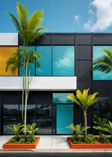 Puerto Rico futur Design a modern tropical architecture with sleek lines, minimalist interiors, and innovative materials. Craft a contemporary atmosphere. geometry model of a strip mall facade, photog