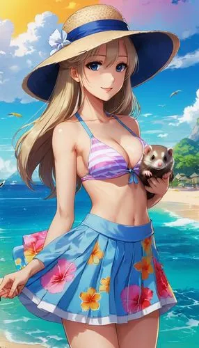 beach background,summer background,straw hat,summer hat,aloha,holding a coconut,Illustration,Japanese style,Japanese Style 03