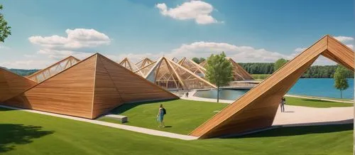 museum of nature, wooden features, outside, sunny, refreshing, in natural landscape, people walking, green is park, blue is water, ,cube stilt houses,eco-construction,wooden construction,eco hotel,wig