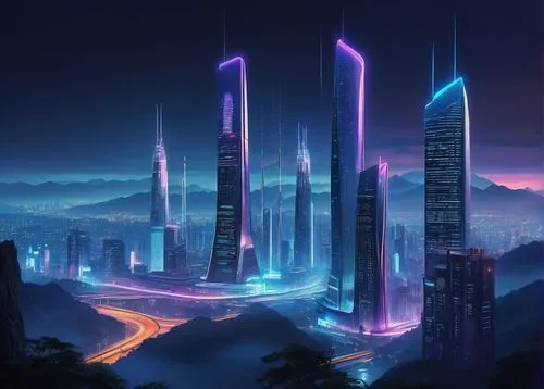 futuristic landscape,cybercity,cybertown,cyberport,guangzhou,cyberworld,cyberia,futuristic,cyberpunk,cityscape,fantasy city,futurist,cyberscene,synth,metropolis,vanu,futuregen,skyscrapers,city skyline,futuristic architecture,Illustration,Japanese style,Japanese Style 14