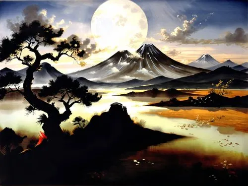 a painting that has some paintings on it,landscape background,mountain scene,dusk background,fantasy landscape,okami,watercolor background,Illustration,Paper based,Paper Based 30