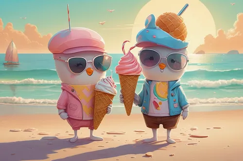 Design a cute fanart that showcases a sunny beach and two characters sharing ice cream,ice cream icons,ice creams,ice cream cones,soft serve ice creams,ice cream on stick,popsicles,summer icons,ice-cr