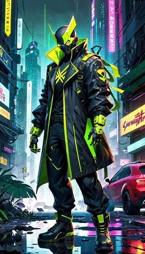 cyberpunk,high-visibility clothing,electro,kryptarum-the bumble bee,patrol,samurai,neon arrows,high volt,dodge warlock,neon,cyber,cell,streampunk,game illustration,yellow jacket,game art,frog background,shinjuku,reptillian,patrols,Anime,Anime,General