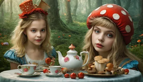 alice in wonderland,tea party,gnomes at table,toadstools,fairytale characters,tea party collection,children's fairy tale,wonderland,alice,vintage fairies,toadstool,3d fantasy,fairy tale character,fantasy picture,porcelain dolls,fairy tales,chess game,tea cups,tea time,fairies,Conceptual Art,Daily,Daily 11