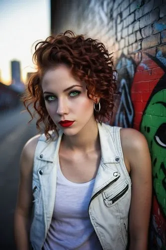 Mysterious woman, solo, (25yo), piercing green eyes, bold eyeliner, curly auburn hair, bright red lipstick, silver earrings, white tank top, distressed denim jeans, black leather jacket, Converse shoe