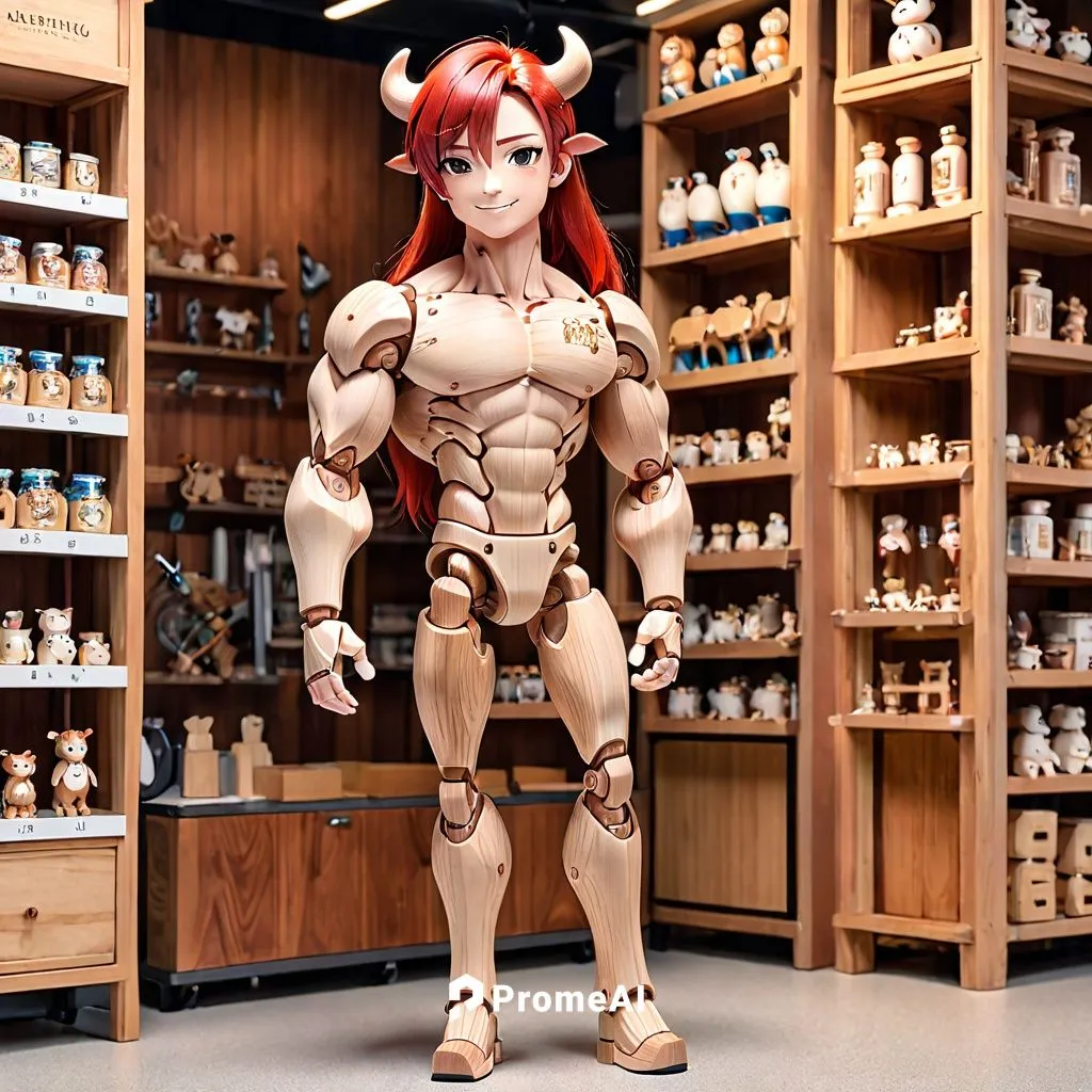 cow face, anthropomorphic cow, muscular physique, wood doll, wood mannequin, doll joints, wood body, wood muscles, ball joints, ball-jointed doll, segmented body, standing upright, red hair, wood skin