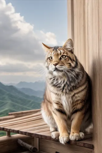 chinese pastoral cat,american shorthair,american bobtail,siberian cat,toyger,amurtiger,tabby cat,cat image,tiger cat,cute cat,cat resting,napoleon cat,asian tiger,norwegian forest cat,mountain lion,perched on a log,majestic nature,aegean cat,bengal cat,kurilian bobtail,Light and shadow,Landscape,Great Wall