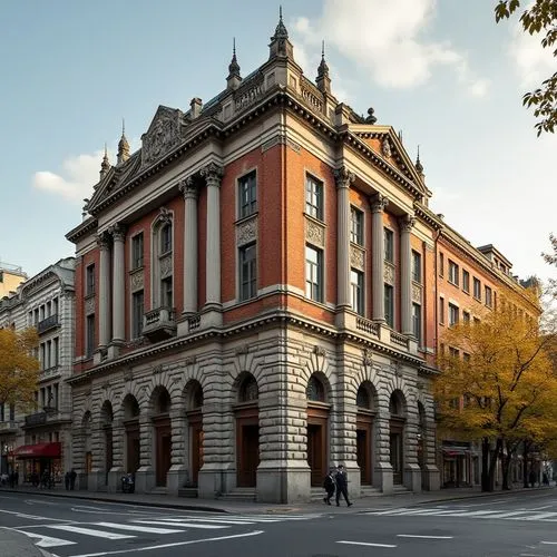 Neoclassical building, grandiose architecture, brick facade, ornate details, rusticated base, ionic columns, carved stone decorations, symmetrical composition, warm lighting, afternoon sun, clouds dri