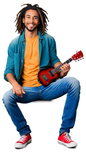 Rastafarian man, dreadlocks, bright colored shirt, ripped jeans, Converse shoes, laid-back posture, smiling face, holding guitar, peaceful atmosphere, warm lighting, shallow depth of field, natural ma