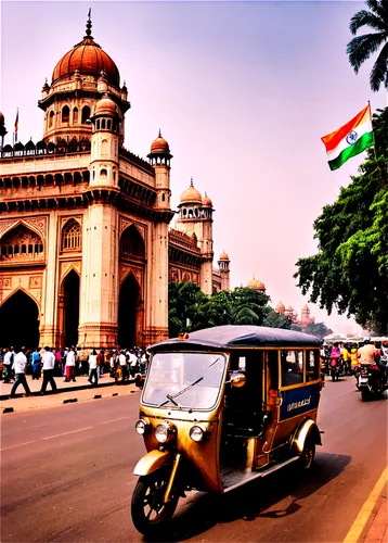 Mumbai cityscape, urban landscape, skyscrapers, Gateway of India, Taj Mahal Palace Hotel, bustling streets, crowded marketplaces, street vendors, colorful billboards, Indian flags, rickshaws, motorcyc