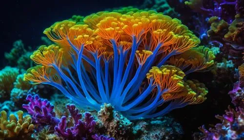 macrophotograph, beautiful bioluminescent blue glow quantum  sea coral polyp on the reef, natural lighting, light-focused, amateur shot,bubblegum coral,coral,coral reef,feather coral,coral fingers,cor